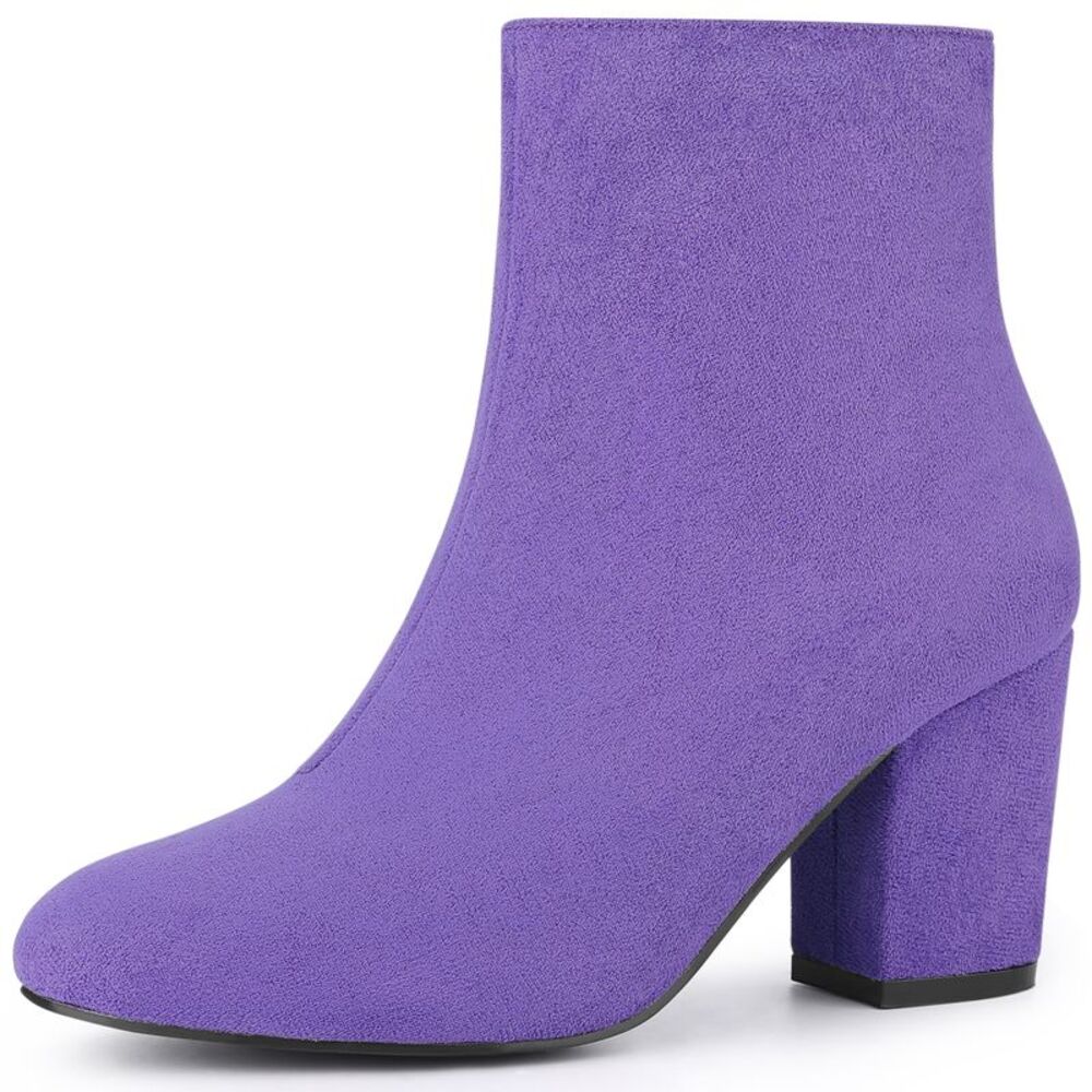 Round Toe Side Zipper Block Heel Ankle Boots Purple